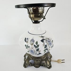 Vintage Gone With The Wind Style White Glass Blue Floral Painted Hurricane Lamp